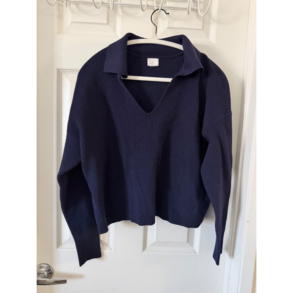 A New Day Womens Navy Blue Ribbed Polo Collar V-Neck Sweater Size Large